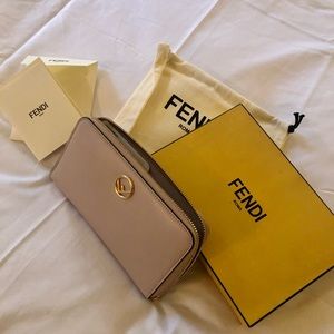 Fendi zip around beige leather wallet new in box